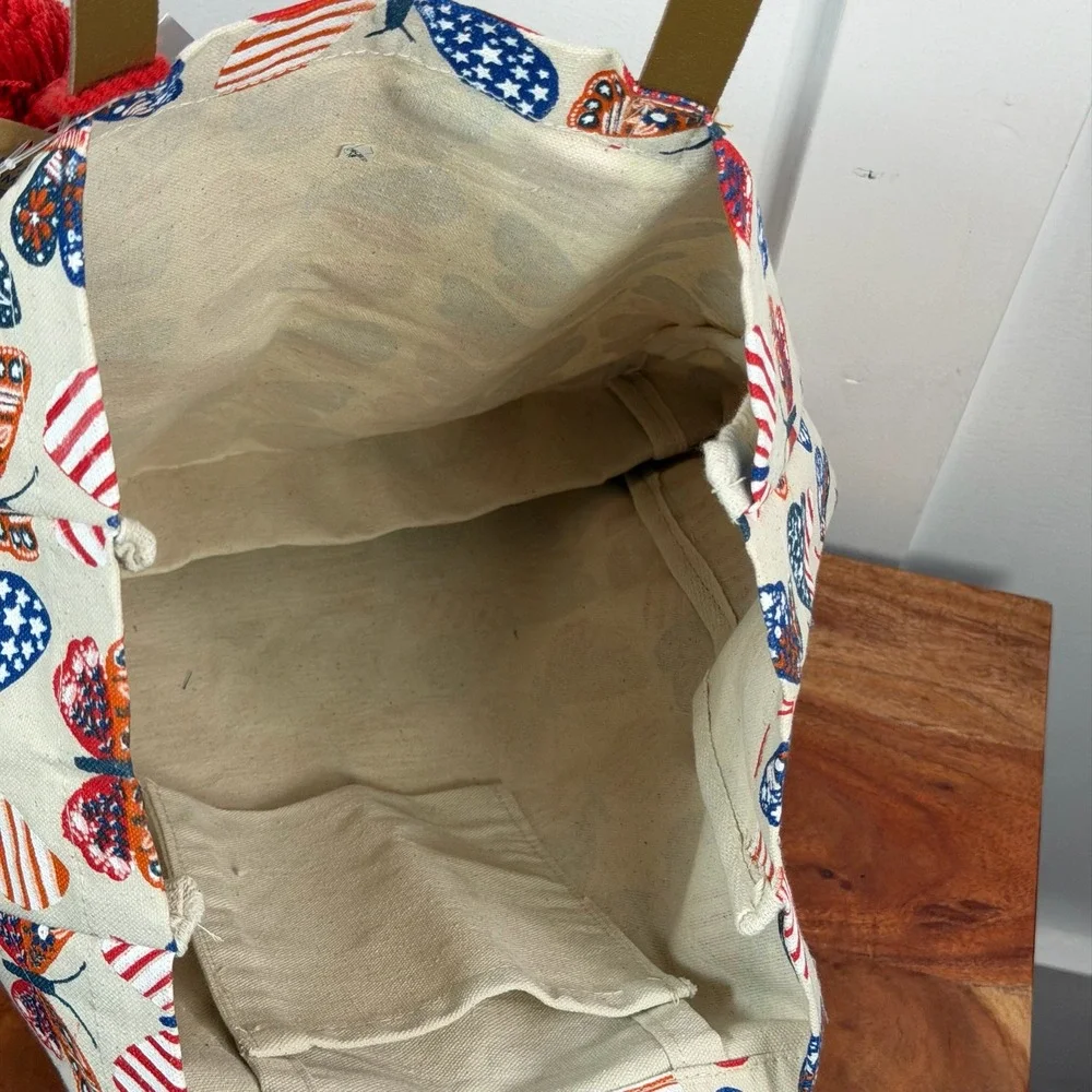 Canvas Boho Butterfly Flag Print Tote Bag Red White Blue Pom‎ Pom Red Straps